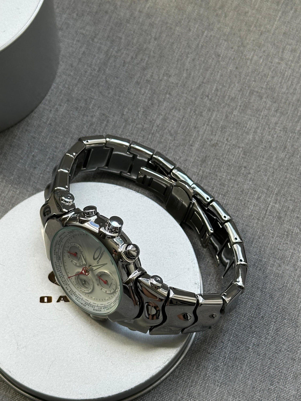 Oakley Judge Chronograph Watch – Blue/ White/ Black Dial, Stainless Steel Polished Bracelet, Swiss Movement